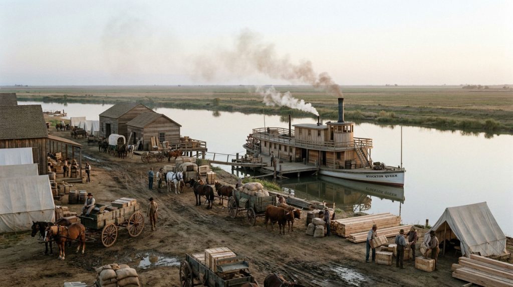 Historical illustration of Stockton’s Gold Rush waterfront with a riverboat, wooden wharves, and freight wagons.