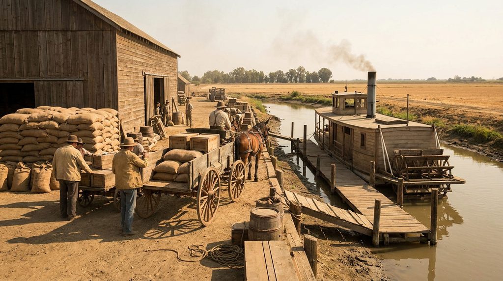 Historical illustration of grain sacks and a freight wagon beside a Stockton waterfront warehouse.
