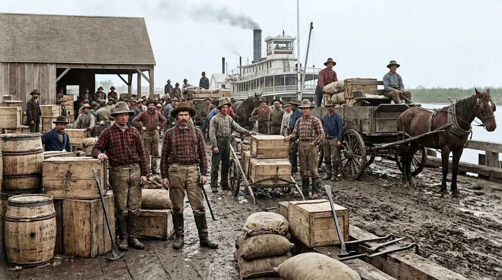 Historical illustration of workers unloading mining supplies at Stockton’s Gold Rush waterfront.