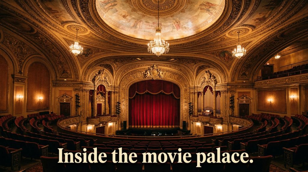 Restored proscenium and decorative ceiling inside Stockton’s Bob Hope Theatre.