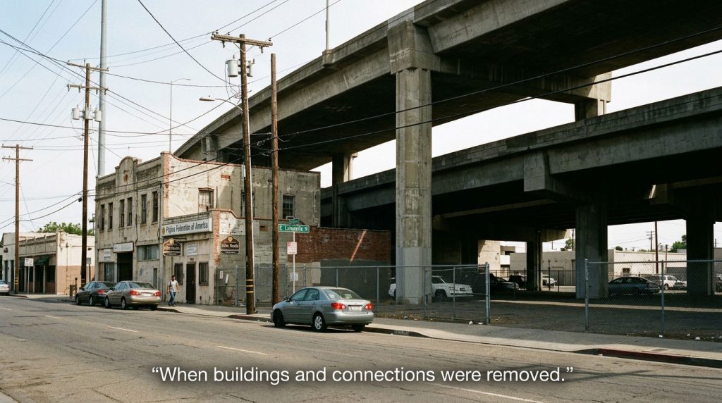 A street in Stockton’s Little Manila near the Crosstown Freeway.