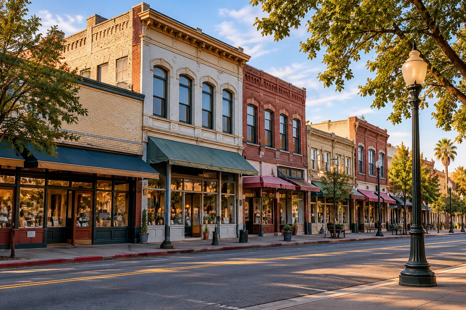 Illustration of historic brick storefronts, awnings and a streetlamp in warm afternoon light.