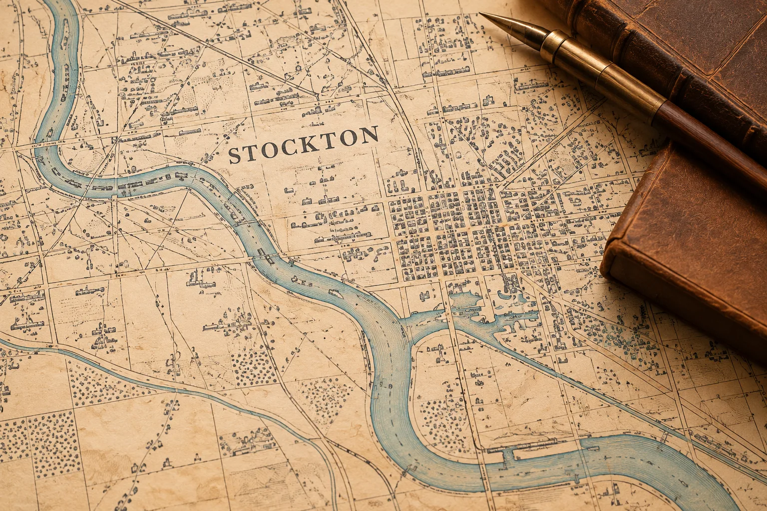 Illustrative antique-style Stockton street map beside a leather book and a pen; not a survey map.