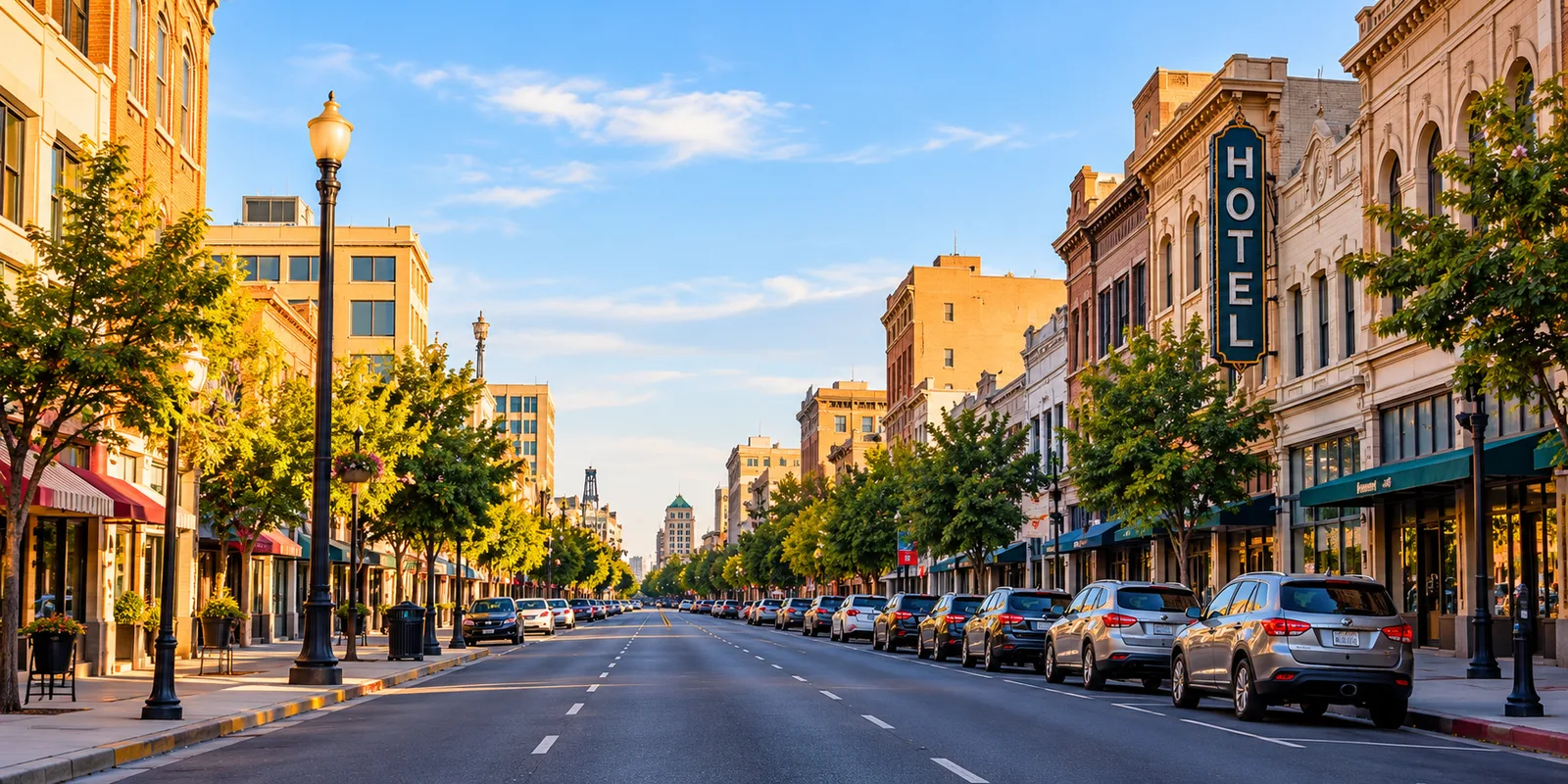 Present-day-style illustration of a downtown street with parked cars, trees and older buildings.
