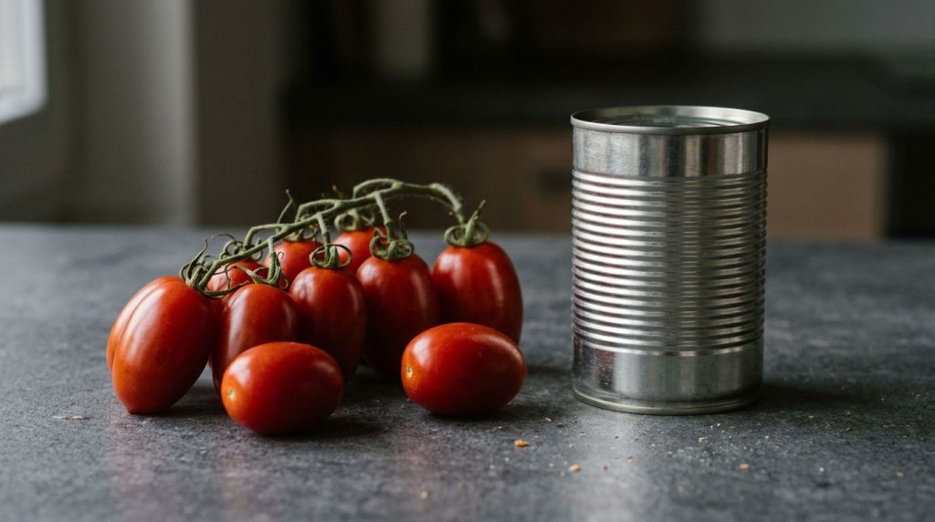 Plum tomatoes beside a plain food can, illustrating Stockton’s canning story.