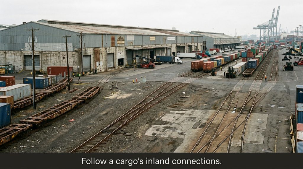 Rail tracks and cargo warehouses at the Port of Stockton