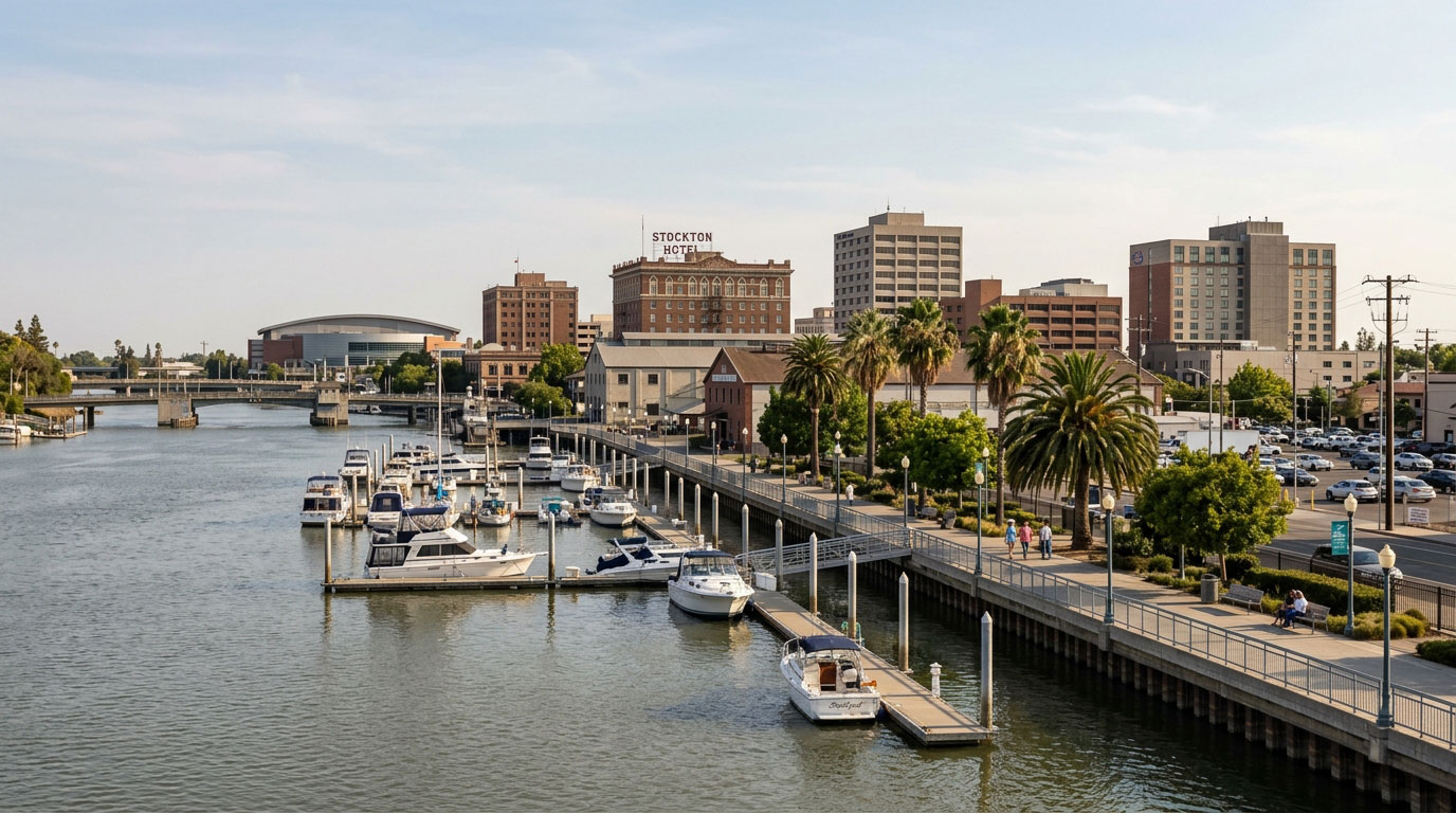 Downtown Stockton buildings beside the waterfront