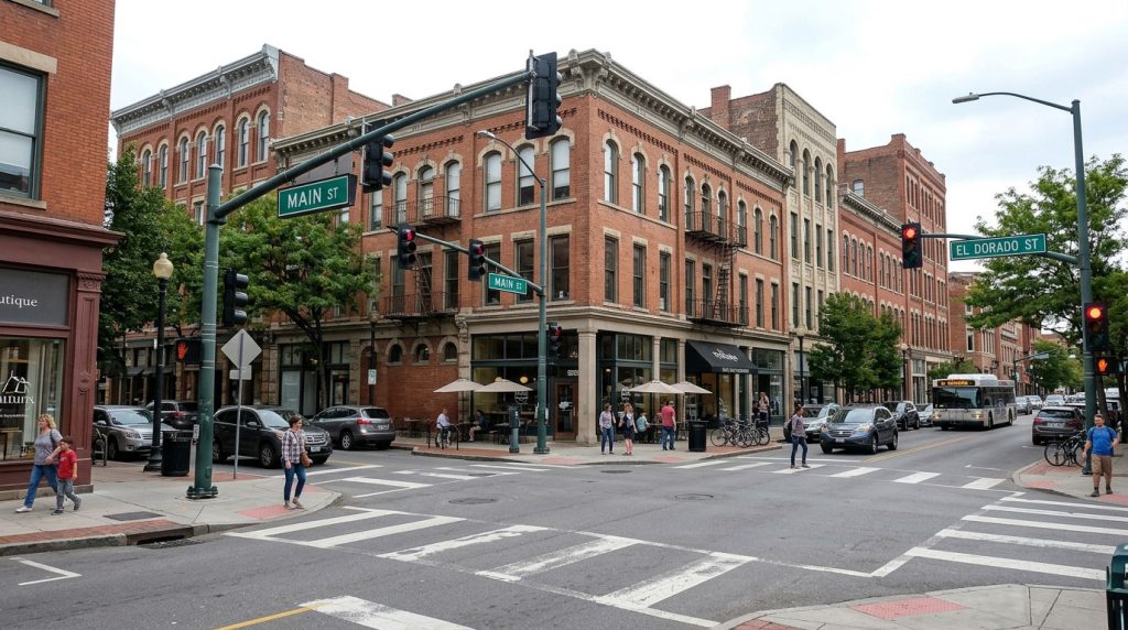 Present-day view of Main and El Dorado Streets in downtown Stockton.