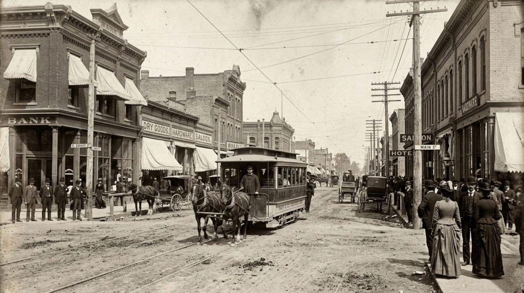 Horse-drawn streetcar at Main and El Dorado Streets in Stockton, circa 1890.
