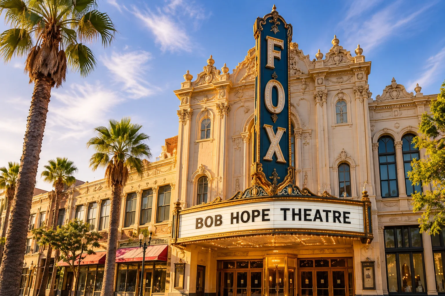 Illustration of an ornate theatre facade with a vertical FOX sign and a Bob Hope Theatre marquee.
