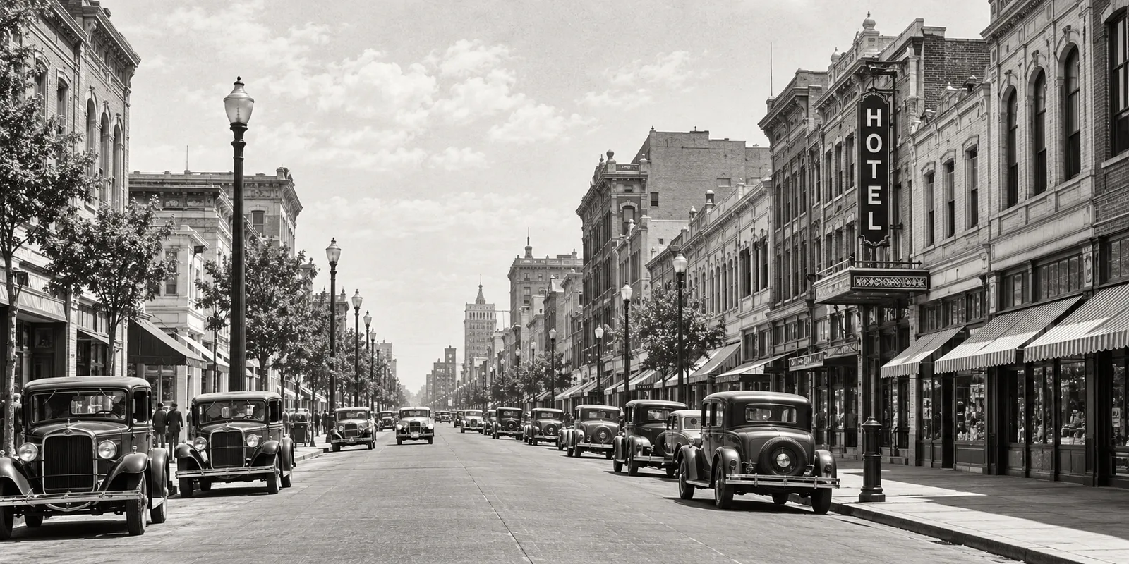 Black-and-white historical-style street illustration with early automobiles and masonry storefronts.