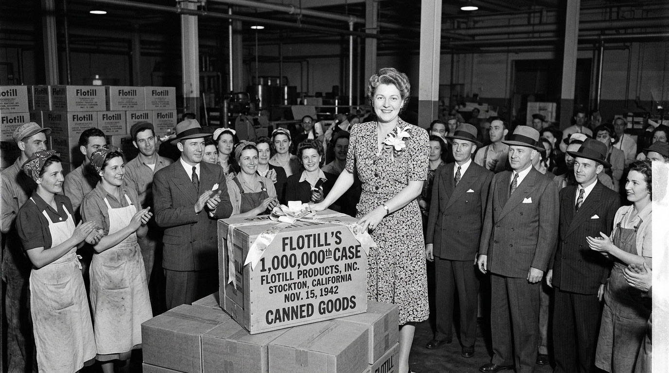 Tillie Lewis celebrating Flotill’s millionth case of tomato products in 1942.