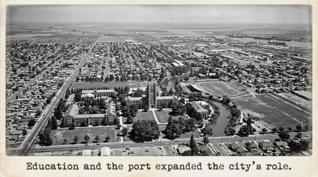 Historic aerial view of the University of the Pacific in Stockton