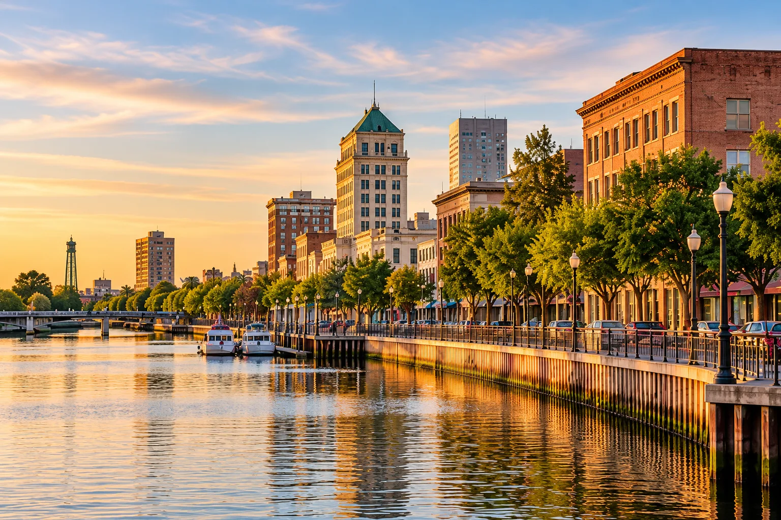Illustration of a sunlit Stockton-style waterfront, historic downtown buildings and a calm channel.